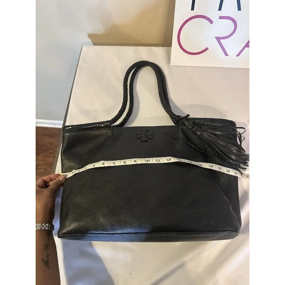 Tory Burch Tote Bag Womens Large Black Leather Shoulder Tassel Braided
